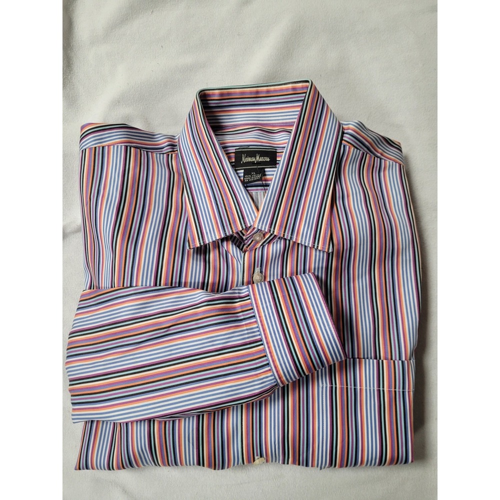 Neiman Marcus Mens Multicolor Striped Long Sleeve Colorful Refined Shirt Size XL
